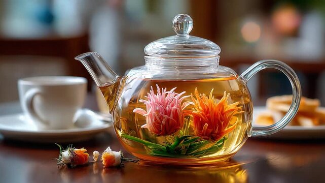 Tea time blossoms: An artfully crafted glass teapot holds a delicate tea flower blooming in the sunlight, presenting a serene moment alongside a cup of tea.
