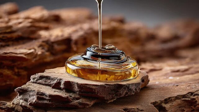 Golden Nectar: A captivating shot showcases a stream of glistening, amber-hued honey cascading gracefully, settling elegantly on a piece of natural wood.