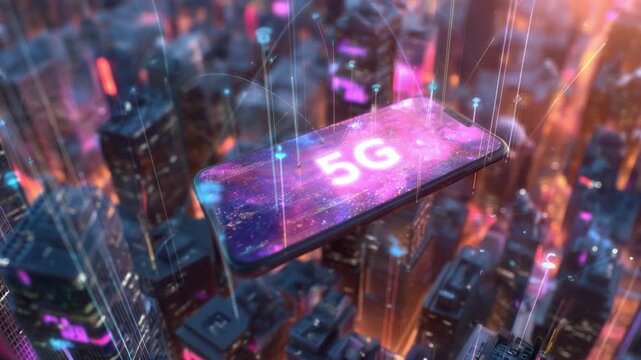 5G Mobile Network Connectivity: A high-tech digital rendering showcases a floating smartphone emitting glowing signals across a cityscape, highlighting the advanced capabilities of the 5G network.