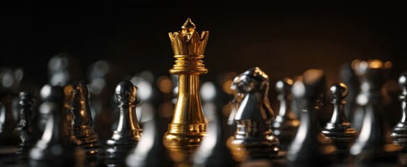 The Golden Queen Standing Proud Among Silver Chess Pieces Symbolizing Leadership