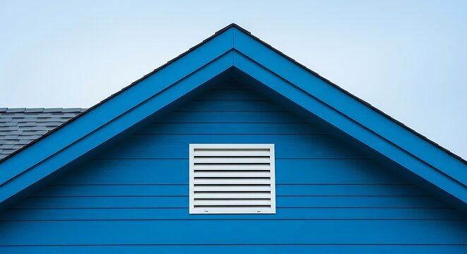 A close-up of a triangular roof with a ventilation unit installed on a blue exterior wall.