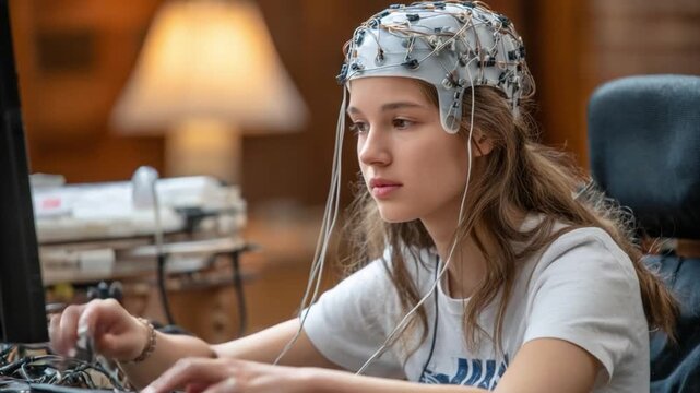 Brainwave Study: A focused subject wears a brain-monitoring cap, engrossed in a cognitive task, the scene hinting at neurological study and the exploration of the mind.