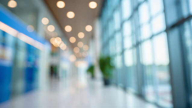 Long, blurred corridor of a contemporary building with large glass walls and soft overhead lighting.