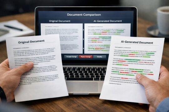 Hands holding papers over a laptop showing side by side document comparison highlighting differences between original text and ai generated content for editing and review