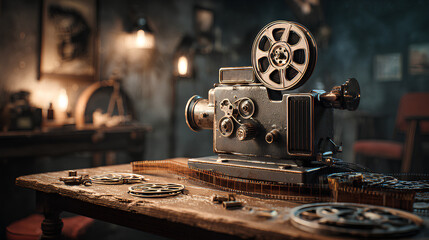Fototapeta premium Retro film projector on wooden table with film reels and unrolled film strip in dim studio lighting showcasing nostalgic cinema history atmosphere