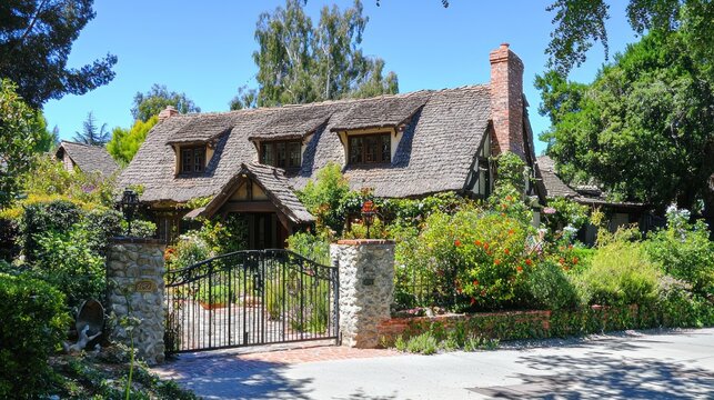 A traditional English village featuring a thatched cottage with a well-maintained garden and a rustic gate.