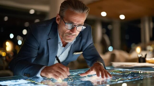 Focused Vision: A determined individual, adorned with spectacles, intently surveys an intricate map, charting a course for success within the dynamic landscape of commerce.