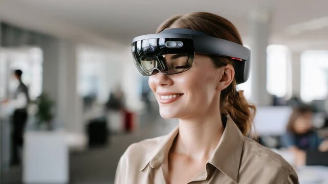 Augmented Reality Experience: A sophisticated woman with a focused expression explores an augmented reality world, using futuristic technology. She seems immersed in an intriguing virtual dimension.