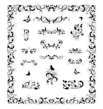 Collection of beautiful floral black vignette, frames, headers and decoration