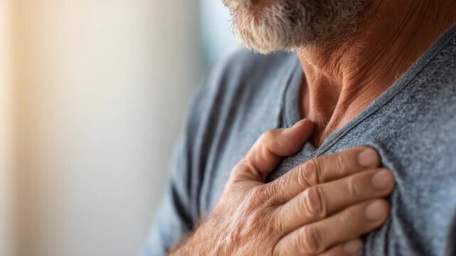 Contemplative Older Man: A close-up shot of an older man with a pensive expression, his hand resting gently on his chest, suggesting contemplation and introspection.