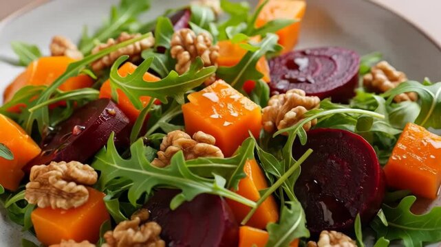 Close up arugula salad with roasted beets, cubed butternut squash and walnut halves drizzled with vinaigrette in a ceramic bowl, vibrant autumn vegetable dish and healthy lunch option