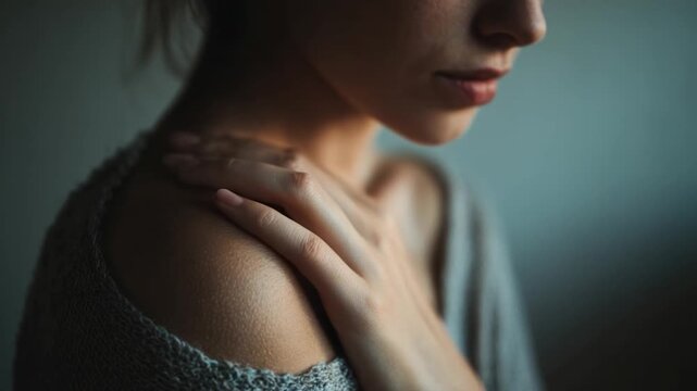 Embracing Solitude: A serene portrait of a person in introspective moment, hand gently touching shoulder, soft lighting evokes a sense of introspection and inner peace.