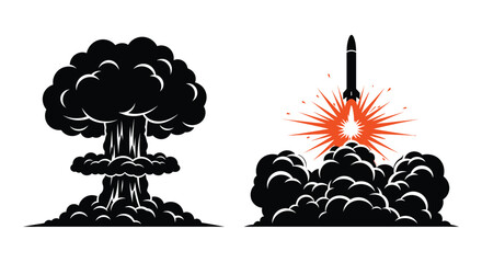 Dramatic explosion and rocket launch depicted in stark black silhouette © SAKINA