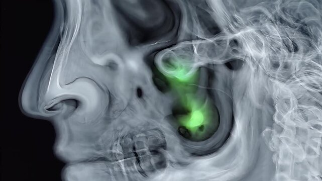Cinematic X-ray animation of a human skull in profile, revealing a glowing green infection in the sinus cavity, slowly pulsating and spreading