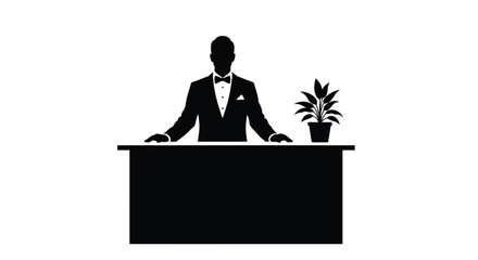 A formal man stands behind a desk with a plant silhouette © SAKINA
