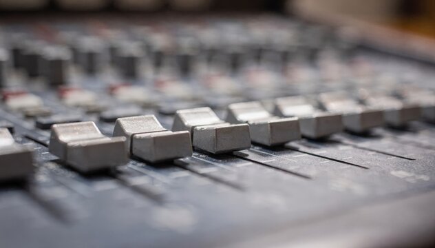 Detailed image of mixer mute buttons in crisp focus with softly blurred fader handles showcasing precision sound editing in a preproduction studio.