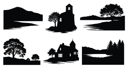 Obraz premium A collection of black landscape scenes featuring buildings and trees silhouette