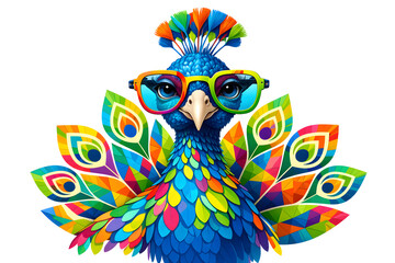 Naklejka premium Playful colorful peacock with oversized glasses and abstract multicolored feathers on white background. Created with generative AI. 
