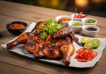 Delicious Grilled Whole Spatchcock Chicken with Spicy Sambal and Garnish on Wooden Table
