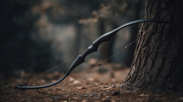 Sleek black traditional archery bow with taut string propped against a tree trunk in a forest setting