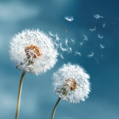 Obraz premium Two fluffy white dandelions with seeds blowing in the wind against a soft blue sky