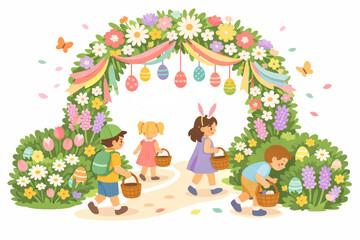 Obraz premium Children Walking Through Easter Flower Arch Garden Illustration