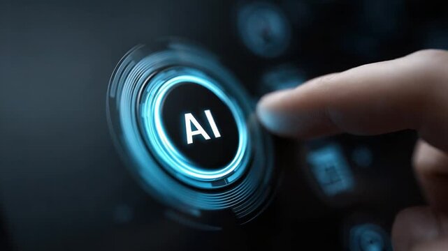 AI Interaction: Close-up of a finger interacting with an AI interface, highlighting the interface and its significance