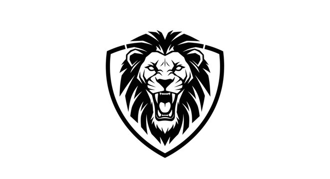Black and white illustration of a roaring lion's head on a shield.