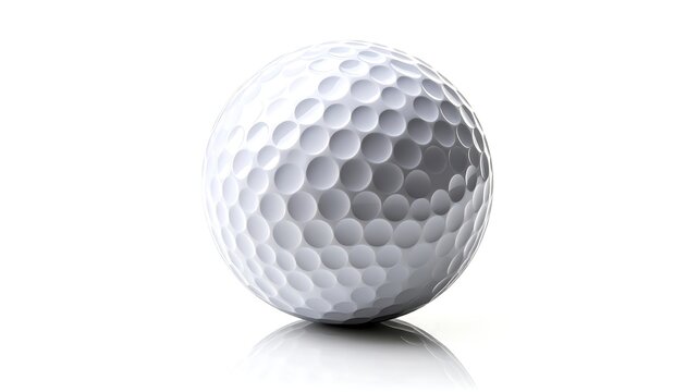 A close-up studio shot on a pristine white background showcases a golf ball, emphasizing its dimpled surface. The bottom reflects a subtle shadow