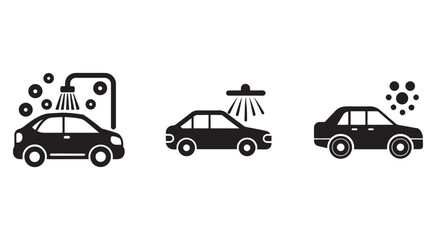 Naklejka premium Black silhouettes of cars being washed with shower head and soap suds icons car wash symbols for web and mobile design