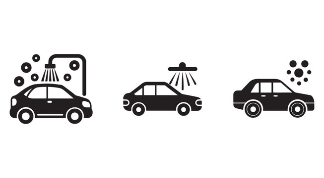 Black silhouettes of cars being washed with shower head and soap suds icons  car wash symbols for web and mobile design