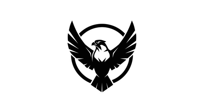 Black silhouette of a bird with outstretched wings in a circular frame on white