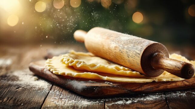 Rustic wooden rolling pin resting on a prepared pastry dough on a cutting board, ready for baking
