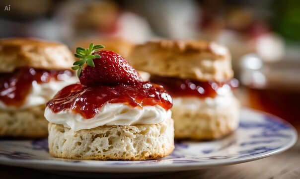 Fresh english scone with strawberry jam and cream 