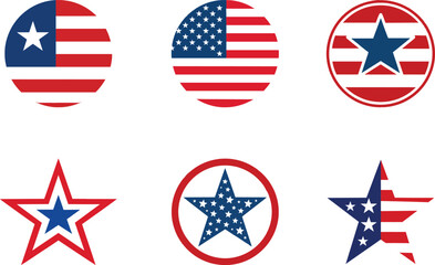 Patriotic American Star And Badge Icons With USA Flag Colors Vector © PNG