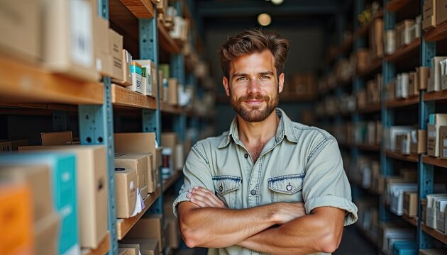 Man warehouse worker standing with crossed arms in storage facility. Professional storekeeper in logistics center. Inventory management, shipping, distribution and supply chain concept.