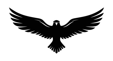 Obraz premium Black silhouette of a bird in flight with outstretched wings on a white background.