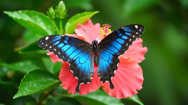 Vivid Blue Butterfly Papilio ulysses Feeding on a Pink Hibiscus Flower, closeup macro, stunning details, Springtime in tropical forest.