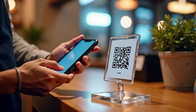 Customer using smartphone to scan QR code on a stand in a restaurant. Mobile payment and digital touchless menu concept. Modern technology for ordering food and contactless transaction.