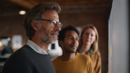 Fototapeta premium Three accelerator program participants reviewing prototype sketches on whiteboard in converted warehouse space with exposed brick walls, perfect for startup mentorship, collaborative learning, and