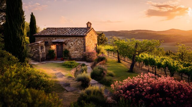 Tuscan sunset glows on a charming cottage nestled within a vibrant garden landscape