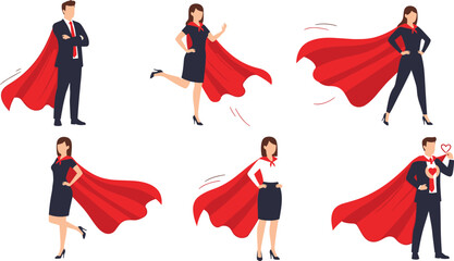 Business Superhero Character Collection with Red Cape, Confident Poses, and Corporate Leadership Success Concept Illustrations © MdMunzurul