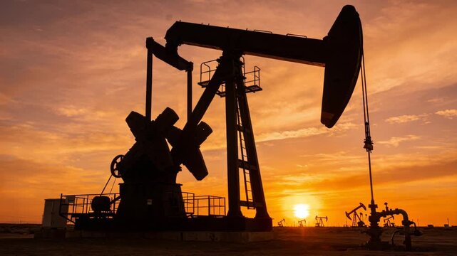 Crude oil price pumpjack silhouette sunset desert landscape conveying industrial tension and warm glow with orange sky conveying
