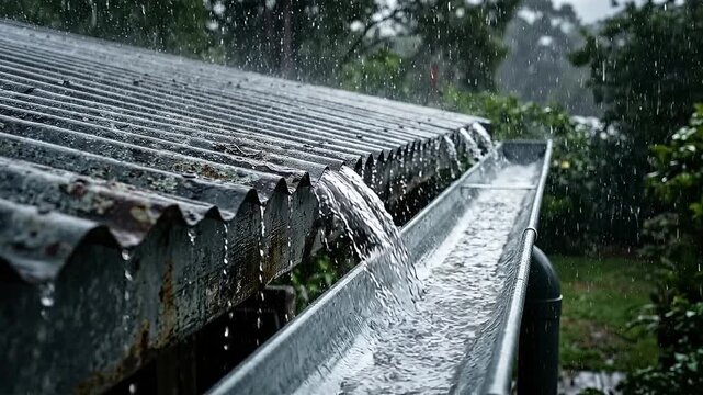 Rainwater collection flowing from corrugated metal roof into gutter during heavy rain conveying seasonal downpour and movement flowing from