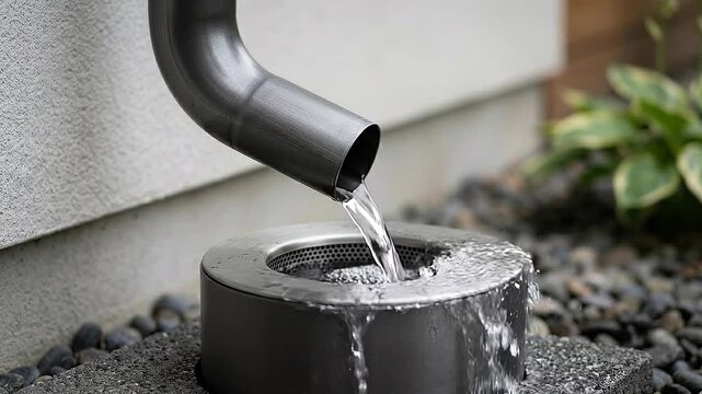 Rainwater collection flowing from curved metal downspout into modern circular basin, outdoor garden water movement and calm texture