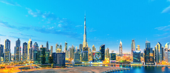 Fototapeta premium Aerial View of Dubai Marina Skyline, Luxury Waterfront Hotels and Residential Towers, UAE