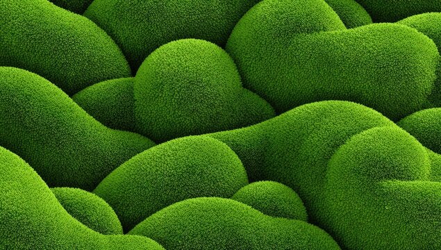 Textured, undulating green mounds create a mossy, organic landscape