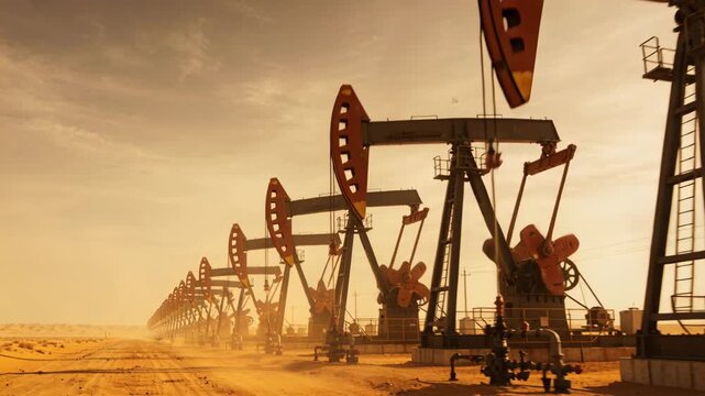 Crude oil pumpjack desert oilfield sunset industrial landscape dramatic sky conveying industry energy anticipation and pump rigs