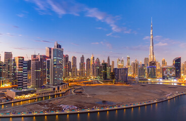 Naklejka premium Aerial View of Dubai Marina Skyline, Luxury Waterfront Hotels and Residential Towers, UAE