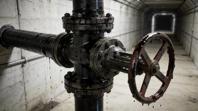 Crude oil price pipeline valve leak drip dripping oil in industrial tunnel with rusted handwheel concrete walls urgency and decay